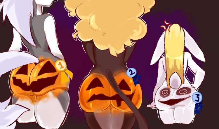 afro angry anthro ass big_butt blonde_hair butt_focus canid canid_demon canine canis demon ears_down felid female grey_hair group hair halloween hellhound helluva_boss holidays lagomorph leporid loona_(helluva_boss) mammal medal mythological_canine mythological_creature mythology pantherine pivoted_ears pumpkin_butt rabbit rear_view scut_tail short smort_bee tail trio white_tail wolf