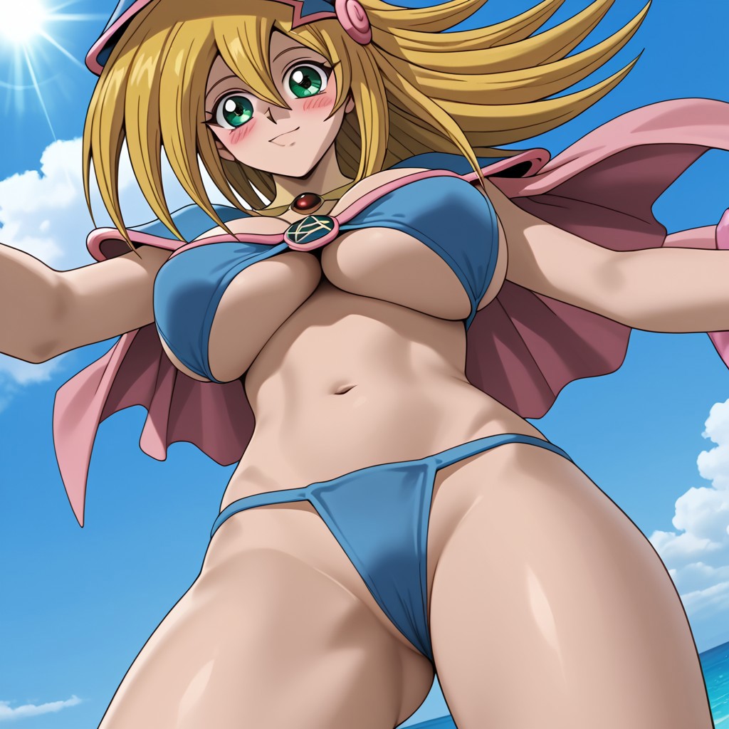 ai_generated beach bikini blonde_hair breasts cape dark_magician_girl green_eyes legs_up mage_hat swimsuit yu-gi-oh!