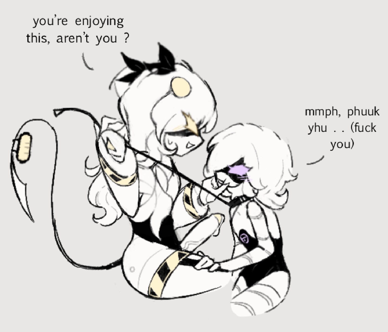 2d, 2girls, anonymous artist, beautiful, dialogue, english dialogue, english text, female, femdom, futa on female, futadom, futanari, humanoid, intersex, j (murder drones), leash, murder drones, penis, robot, robot girl, robot humanoid, screen face, tagme, talking, text, uzi (murder drones)