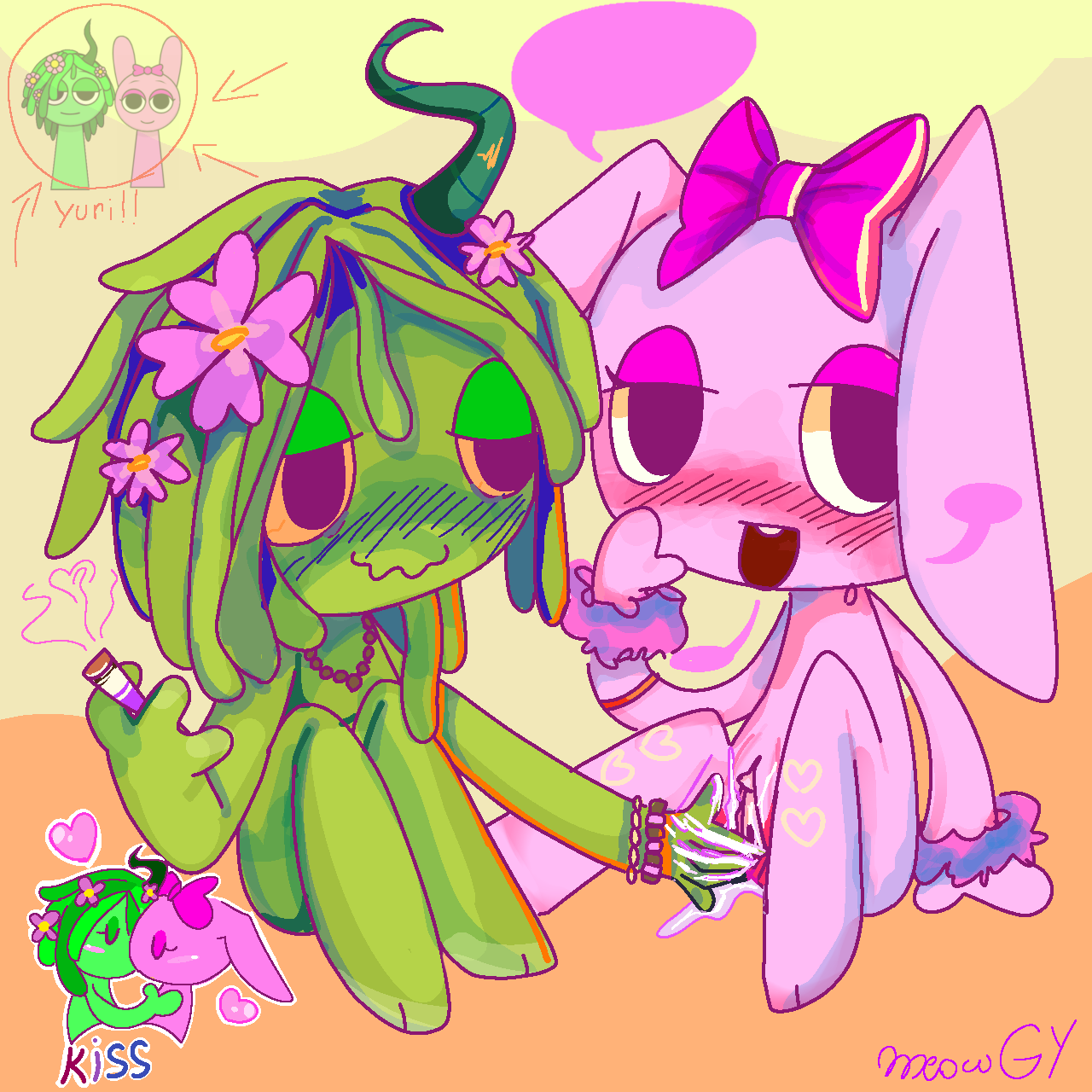 (meowgy) 2_girls animal_humanoid blush bunny_ears bunny_girl cigar cigarette color colored digital_drawing_(artwork) ears_down finger_fuck fingering fingering_another flowers_in_hair fur furry green_(sprunki) green_skin holding_cigar holding_cigarette holding_object incredibox_mod kissing paws pink_(sprunki) pink_bow pink_skin pinki_(sprunki) single_horn sitting_down sprunki vaginal_fluids vineria_(sprunki) weed yuri