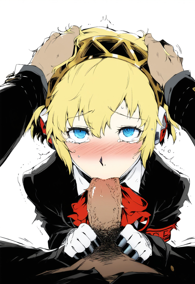 aegis_(persona) ai_generated aigis_(persona) android blonde_hair blue_eyes penis_grab penis_in_mouth persona persona_3 persona_3_portable