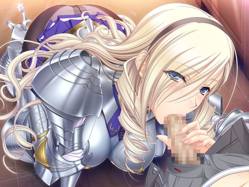 armor blonde_hair blue_eyes blush breasts celia_cumani_aintree censored fellatio female game_cg hair kneeling komori_kei large_breasts long_hair looking_at_viewer oral panties pantyhose penis skirt walkure_romanze