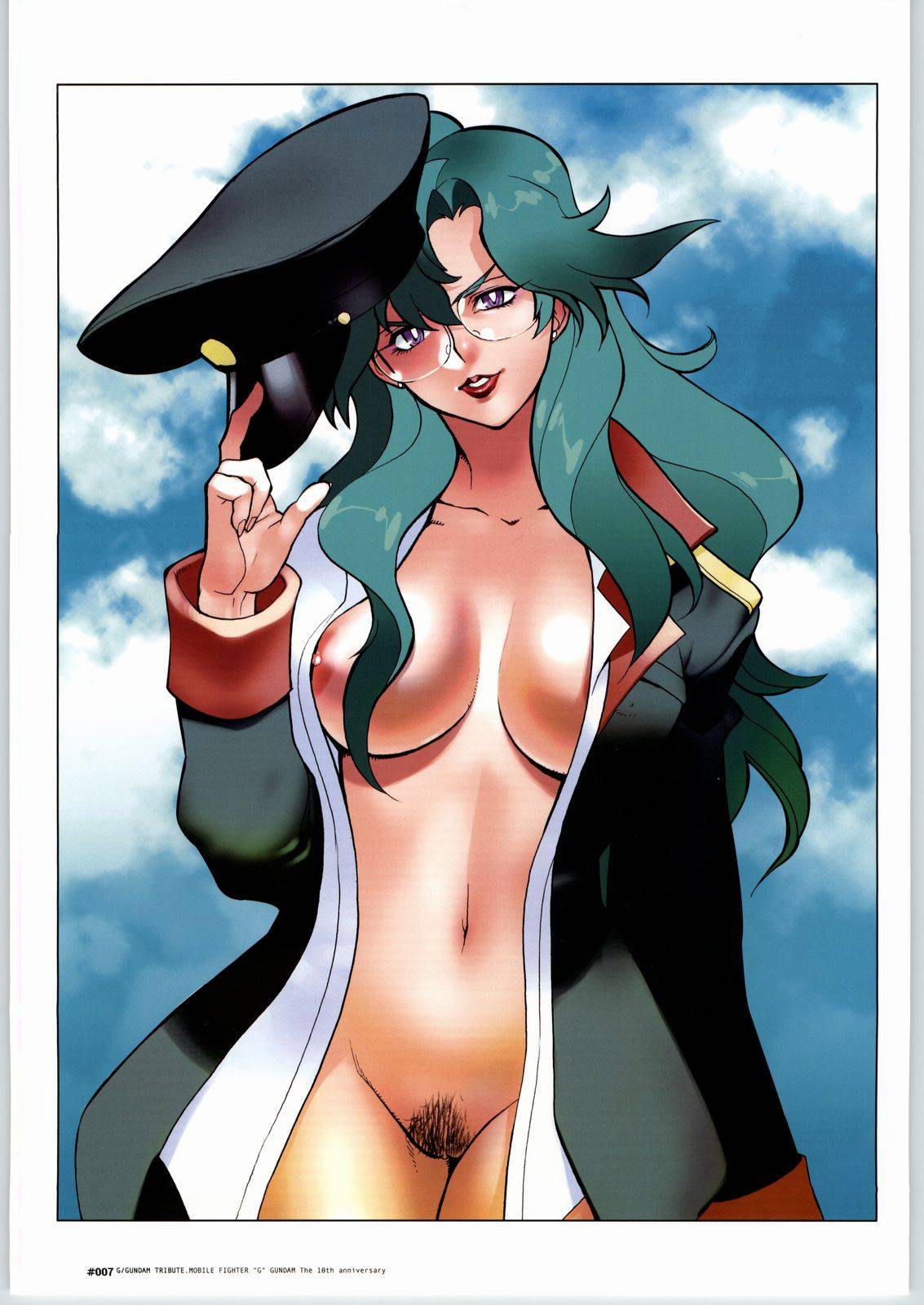 1girls 2004 blue_eyes breasts curvaceous female fujimoto_hideaki g_gundam green_hair gundam hat human large_breasts light-skinned_female light_skin long_hair looking_at_viewer military_uniform nastasha_zabigov nipples presenting pubic_hair solo tagme thick_thighs uniform wide_hips