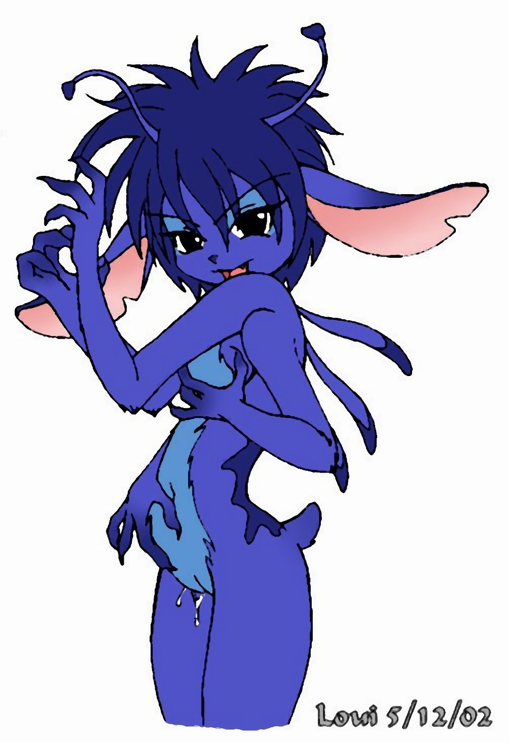 2002 antennae anthro blue_fur breasts color disney experiment_(species) eyeshadow female female_only fur furry furry_breasts furry_ears furry_tail lilo_and_stitch looking_at_viewer loui multi_arm multi_limb open_mouth pussy rule_63 side_view simple_background solo standing stitch tail vulva what white_background