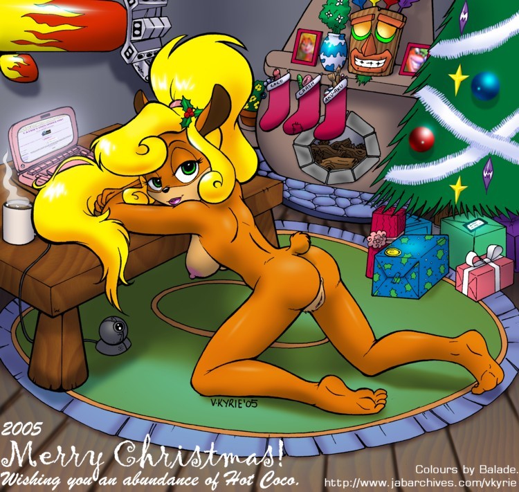 1girls 2005 aku-aku aku_aku anthro bandicoot christmas christmas_tree coco_bandicoot crash_(series) female fur gift_box laptop mammal marsupial mask straight_hair tagme vkyrie