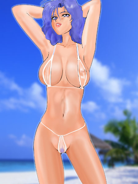 1girls beach bikini breasts curvaceous female gundam human large_breasts light-skinned_female light_skin long_hair momio_(judoroux) nipples purple_hair pussy rosamia_badam see-through solo standing zeta_gundam