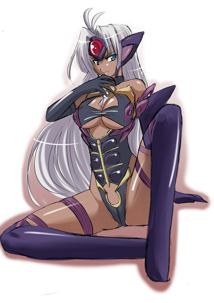 1girls breasts cleavage cyborg dark_skin elbow_gloves female gloves long_hair pzeros silver_hair solo super_robot_wars super_robot_wars_og_saga_mugen_no_frontier t-elos thighhighs tongue xenosaga xenosaga_episode_iii zerosu_(take_out)