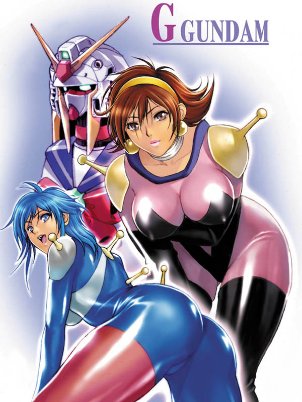 00s 2girls allenby_beardsley ass bent_over blue_eyes blue_hair bodysuit breasts brown_eyes brown_hair choker cleavage color curvaceous earrings erect_nipples female g_gundam gloves gundam hairband homare_(fool's_art) human jewelry large_breasts latex latex_gloves light-skinned_female light_skin lipstick makeup mecha mobile_trace_suit nobel_gundam pilot_suit presenting rain_mikamura short_hair thick_thighs thighhighs wide_hips