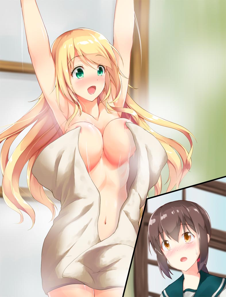 2girls areola_slip areolae armpits arms_up atago_(kantai_collection) awa_yume blonde_hair blush breasts brown_eyes brown_hair collarbone fubuki_(kantai_collection) green_eyes kantai_collection large_breasts long_hair midriff multiple_girls naked_towel navel open_mouth open_towel school_uniform serafuku smile towel very_long_hair wardrobe_malfunction