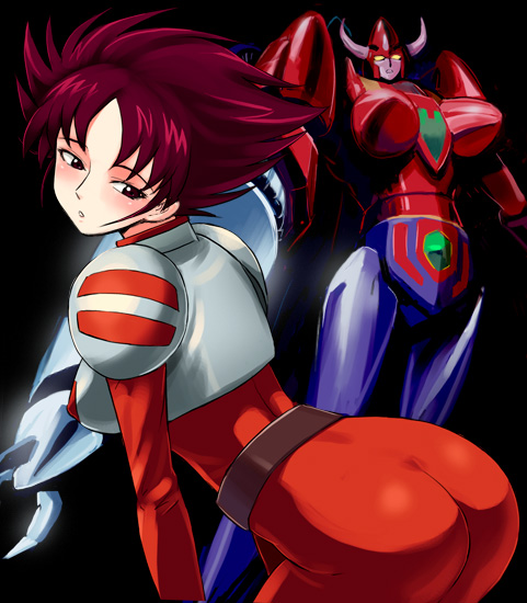 2girls armor artist_request ass black_eyes black_hair bodysuit breasts curvaceous female getter_robo getter_robo_go_(tv) getter_sho human large_breasts light-skinned_female light_skin mecha pilot_suit robot_girl sho_tachibana short_hair