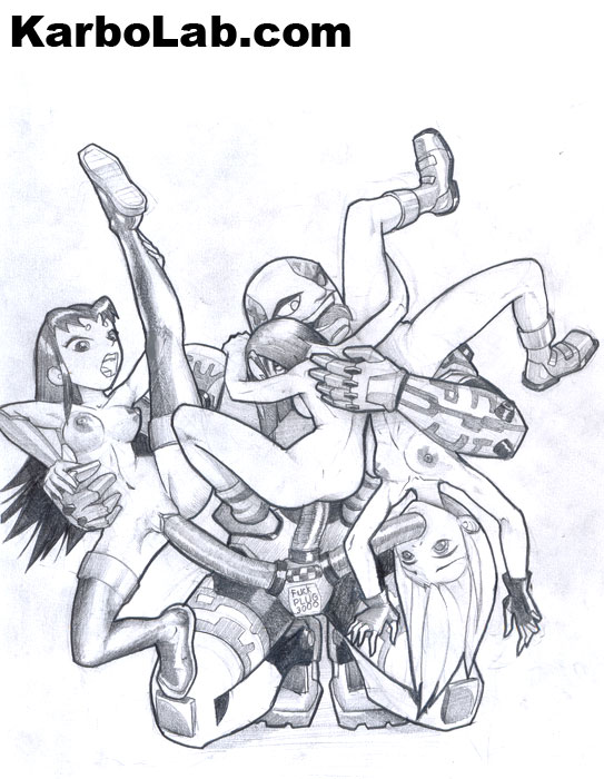 1boy 3girls breasts cyborg_(dc) dc_comics dcau fellatio karbo_(comics-toons) monochrome multiple_penises oral penis rachel_roth raven_(dc) sketch starfire straight_hair teen_titans terra threesome vaginal_penetration