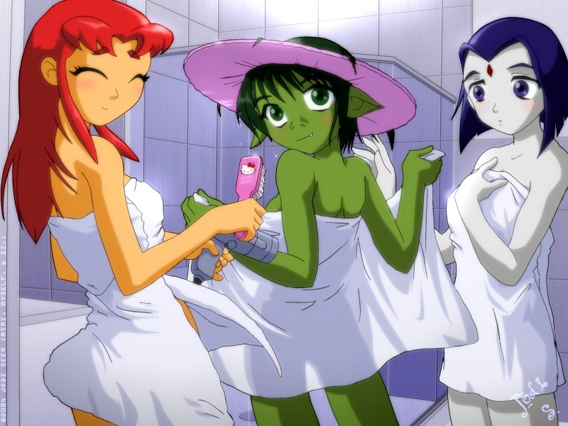 00s 2000s 2d 2d_(artwork) 3girls 5_fingers bare_arms bare_legs bare_shoulders beast_boy blush closed_eyes communal_shower dark_green_hair dc dc_comics dcau fang female female_only green_eyes green_skin grey_skin hairbrush hello_kitty hello_kitty_(character) hello_kitty_(series) jodi-seer kitty_white purple_eyes purple_hair rachel_roth raven_(dc) rule_63 sanrio starfire straight_hair teen_titans towel towel_only