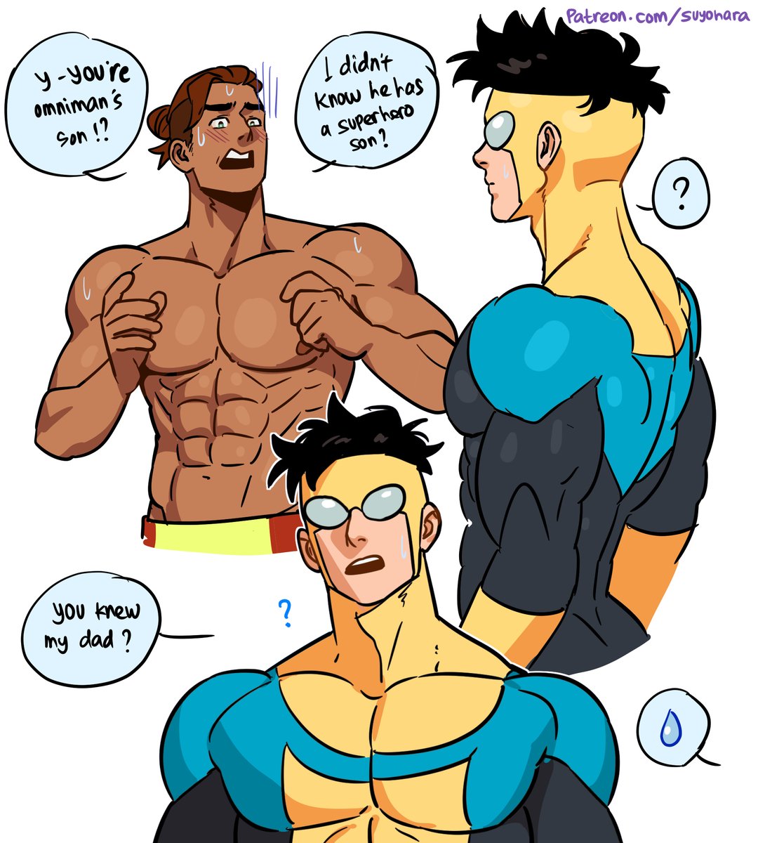 big pecs, invincible, invincible (superhero), invincible (tv series), male, male only, mark grayson, mask, masked, masked male, muscular, muscular male, nervous, nervous sweat, rex sloan, rex splode, suyohara, tan skin, tan skinned male, tanned skin