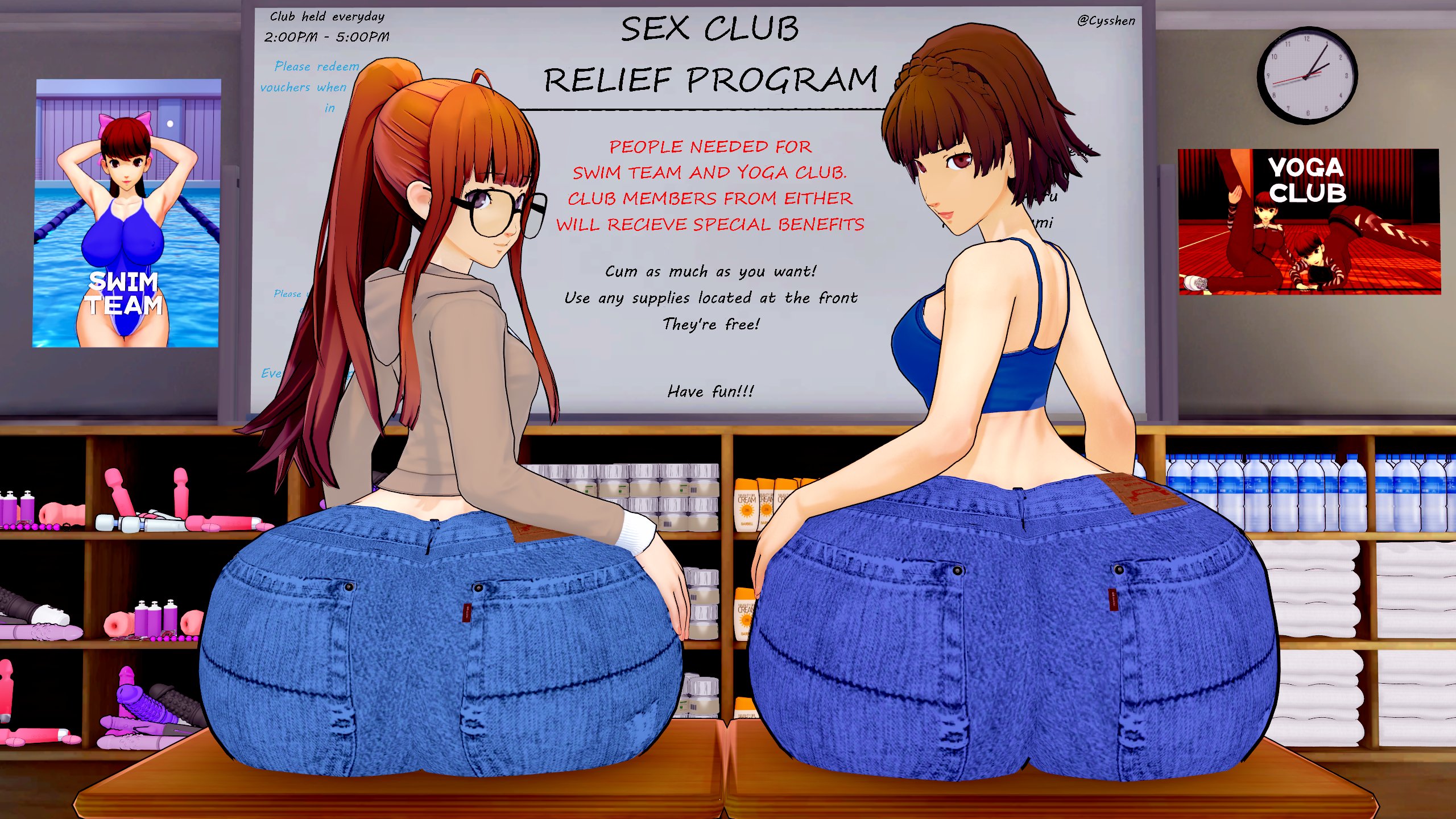 2girls, 3d, alternate version available, ass, ass bigger than head, ass bigger than torso, big ass, cyshen, enormous ass, female, fully clothed, huge ass, hyper, hyper ass, long hair, looking at viewer, looking back, makoto niijima, multiple females, multiple girls, orange hair, persona, persona 5, presenting, presenting ass, presenting hindquarters, sakura futaba, short hair, smile, text