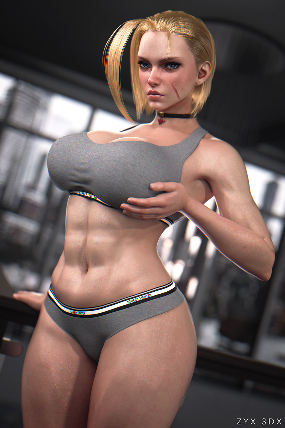 1girls 3d 3d_(artwork) belly belly_button big_ass big_breasts big_butt black_choker blonde_hair blue_eyes blurry_background breasts cammy_white capcom choker curvaceous curves curvy curvy_body curvy_female curvy_figure curvy_hips erect_nipples facial_scar female female_focus female_only gym gym_clothes holding_breast large_ass large_breasts meaty_ass pale_skin pose posing six_pack slim_waist small_waist solo solo_female solo_focus sports_bra sportswear standing street_fighter street_fighter_6 thick thick_ass thick_legs thick_thighs thighs tiny_waist voluptuous wide_hips zyx3dx