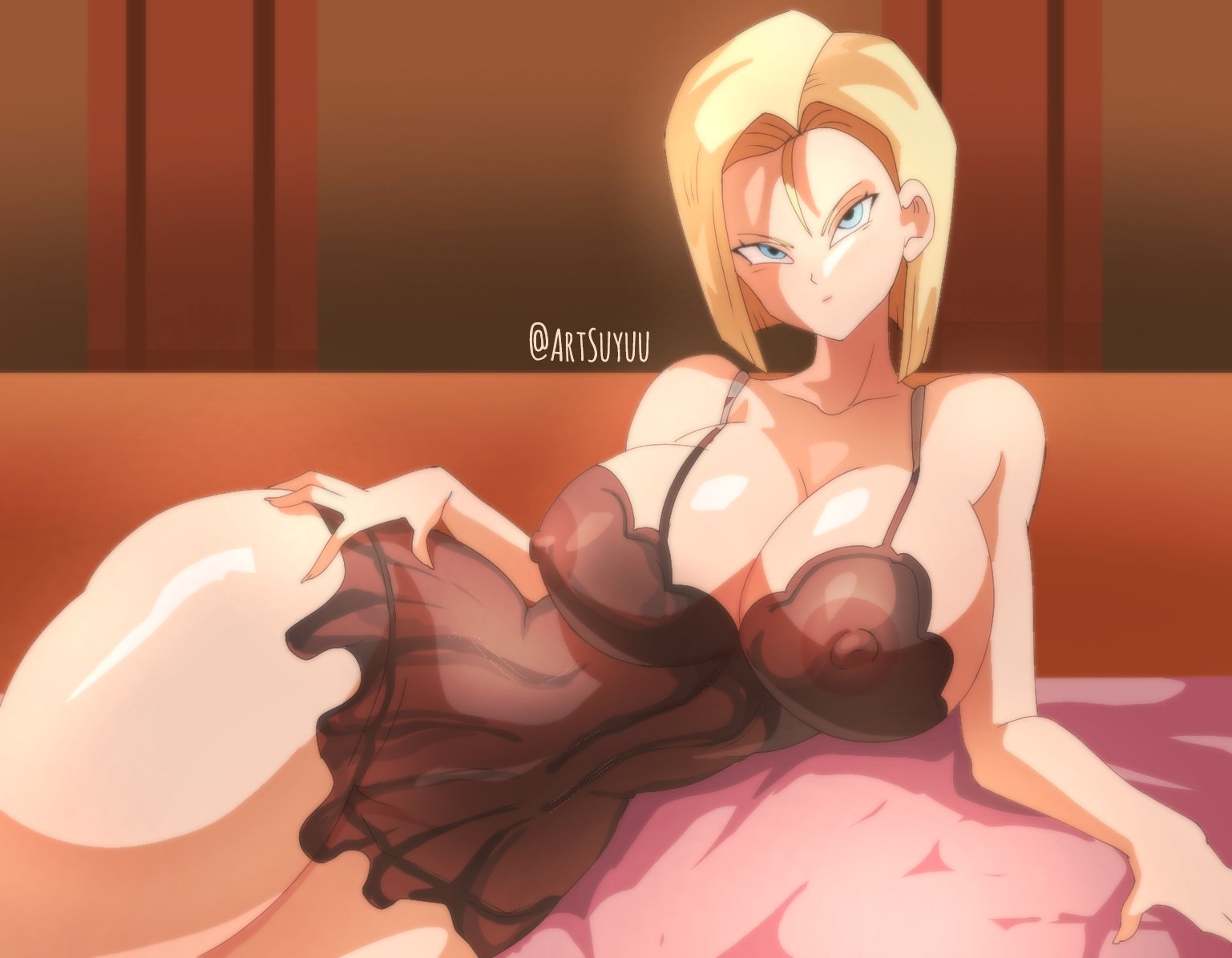 1girls, alternate version available, android 18, blonde hair, blue eyes, breasts, dragon ball, dragon ball z, female, female only, large breasts, lingerie, looking at viewer, see-through, see-through clothing, solo, suyuu art, thick thighs, thighs, wide hips