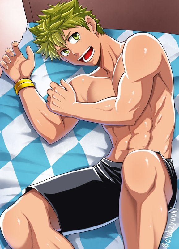 1boy bed club_z full_service fully_clothed happy male male_only muscular_male shorts solo sota_kobayashi yellow_eyes