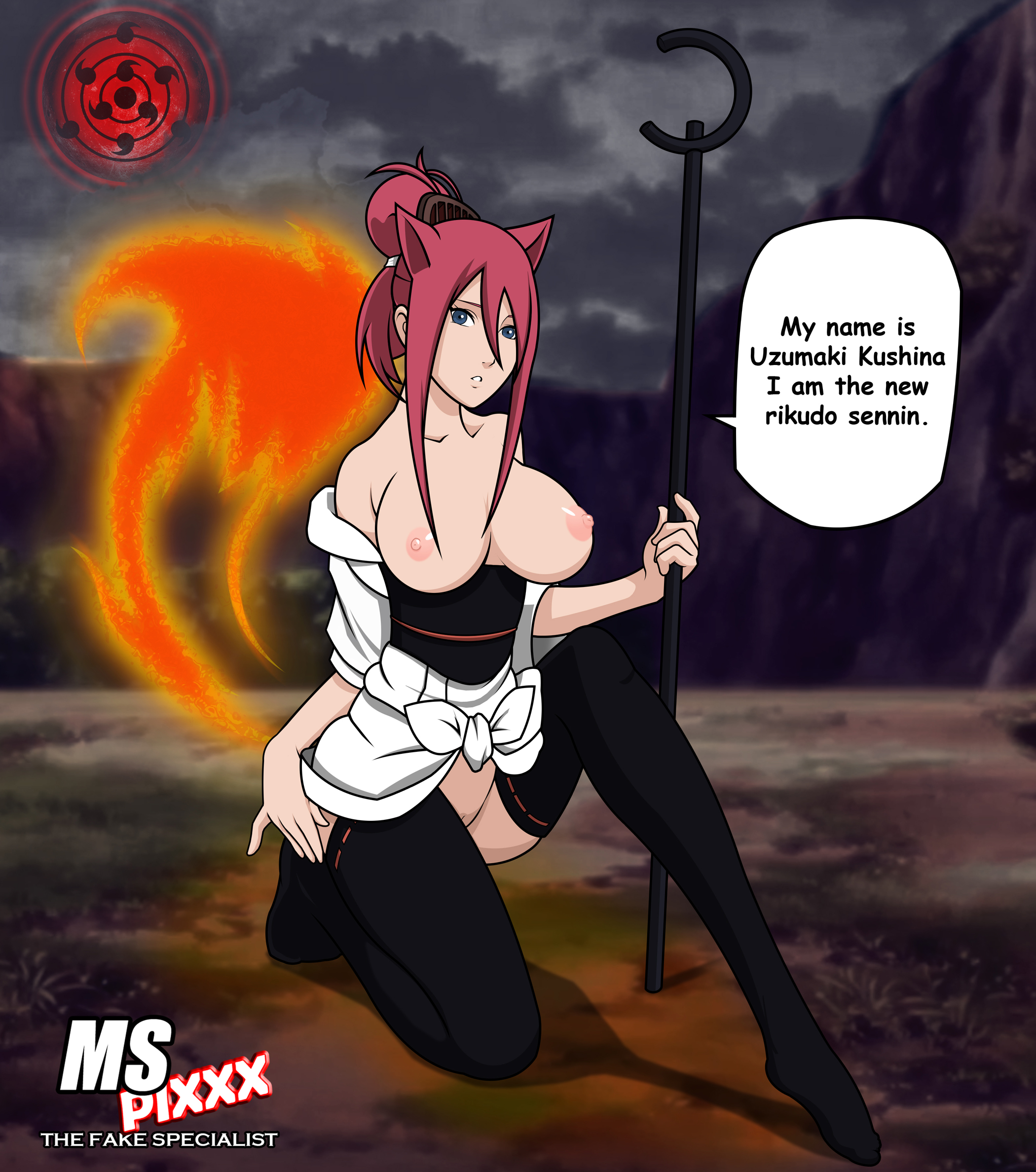 animal ears, big breasts, blue eyes, breasts, cat ears, crow531, female, japanese clothes, kimono, kneeling, ms pixxx, naruto, naruto (series), no panties, open clothes, open kimono, pussy, red hair, solo, tail, thighhighs, uncensored, uzumaki kushina