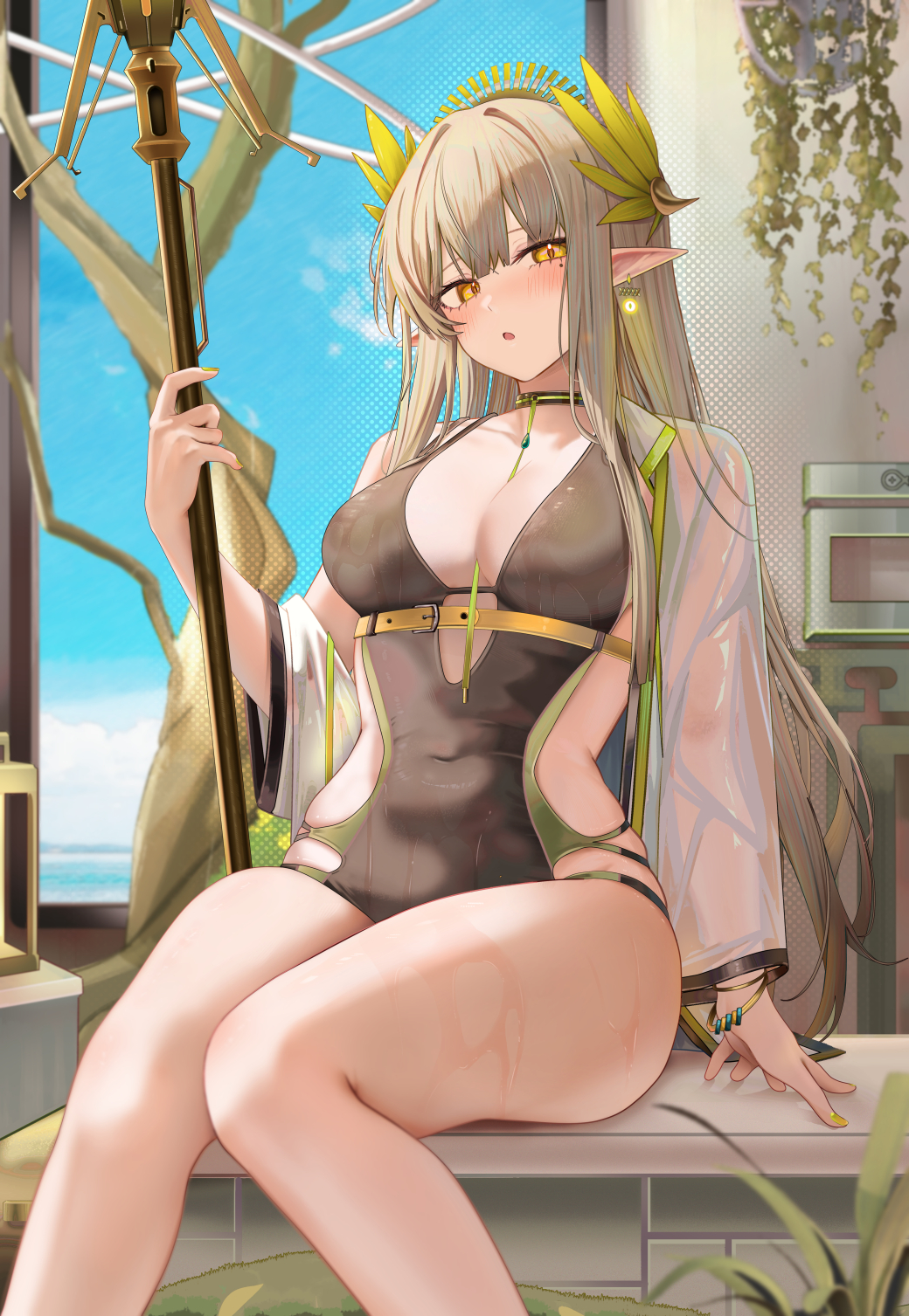 1girls amber_eyes arknights blonde_hair elf elf_ears elf_female elf_girl female female_focus female_only hair hair_ornament holding holding_object large_breasts light-skinned_female light_skin long_hair looking_at_viewer looking_away muelsyse_(arknights) nail_polish one-piece_swimsuit pointy_ears ru_zhai shy swimsuit swimwear tagme thick_thighs thighs yellow_eyes yellow_nails