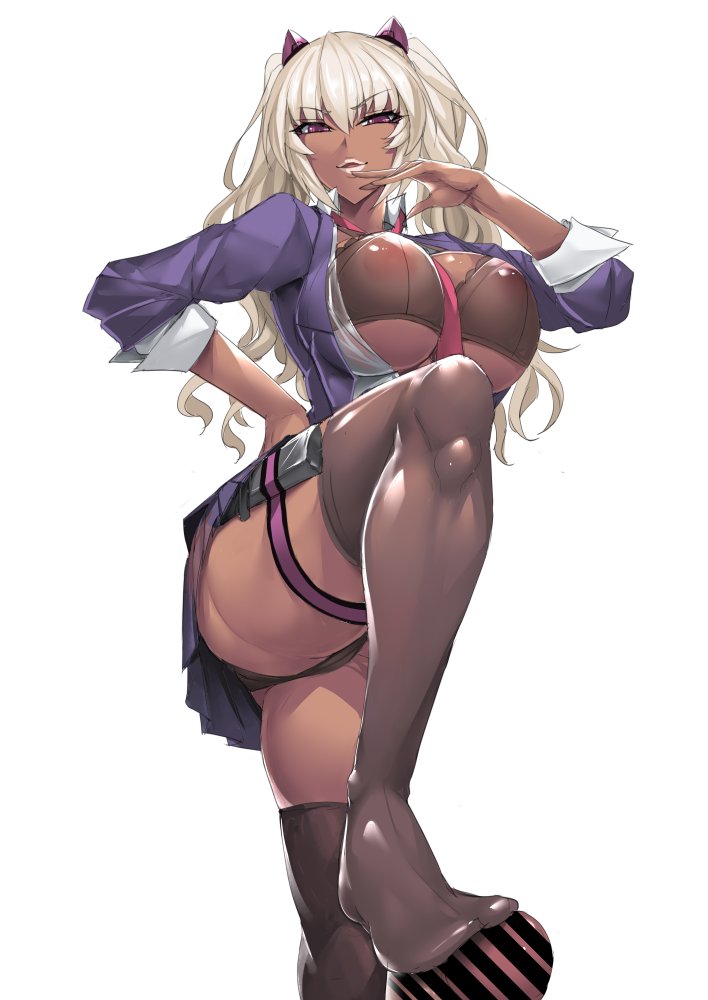 1boy 1girls black_panties blonde_hair breasts brown_skin censored clothed_female concealed_weapon dark-skinned_female dark_skin female femdom foot_fetish footjob footjob_with_legwear huge_breasts kangoku_senkan kangoku_senkan_3 kila_kushan ky. lewd_clothing long_hair male male_pov malesub ojou-sama_pose penis pov simple_background stepped_on stepping_on_penis thick_thighs thighhighs translucent_bra upskirt