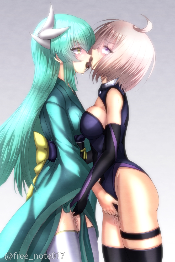 2girls ahe_gao angry angry_sex blush breast_press breast_press_on_chest breast_to_breast breasts catfight clothed clothed_sex clothing competitive_sex dragon_girl dragon_horns fate/grand_order fate_(series) female female/female female_focus fingering fingering_partner freenote022 french_kiss french_kissing green_hair kissing kiyohime_(fate) kiyohime_(fate/grand_order) large_breasts leggings leotard light-skinned_female long_hair mash_kyrielight mashu multiple_girls mutual_masturbation orgasm orgasm_face pink_hair purple_eyes pussy sexfight shielder_(fate) shielder_(fate/grand_order) short_hair tagme tagme_(artist) tight_clothing tongue_out watermark wet_pussy white_legwear yellow_eyes yuri