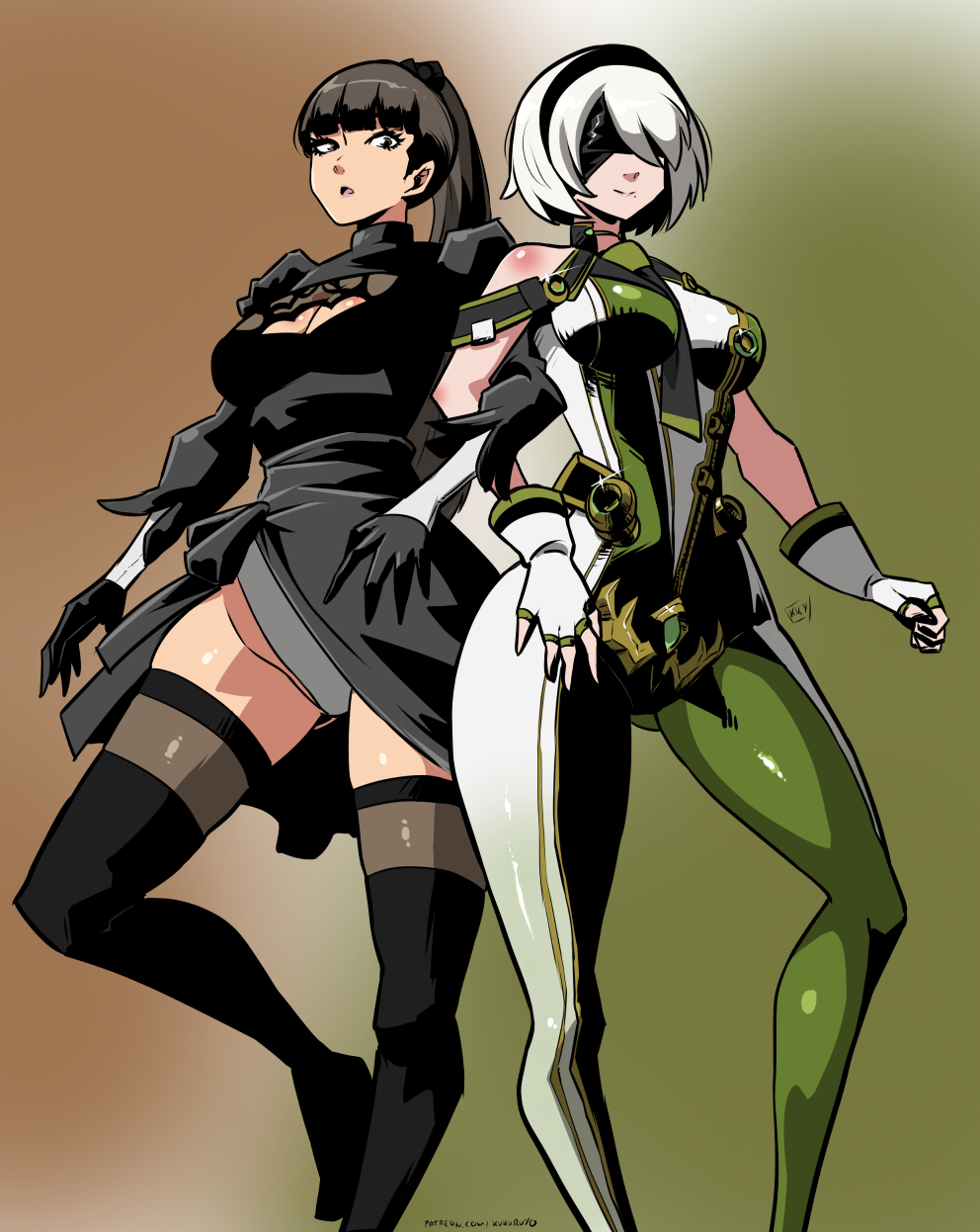 2girls android artist_name asian asian_female ass ass_visible_through_thighs bare_arms bare_shoulders black_dress black_gloves black_hair black_hairband black_thighhighs blindfold blunt_bangs bodysuit breasts brown_eyes cleavage_cutout clothing_cutout commentary cosplay costume_switch covered_eyes crossover dress english_commentary eve_(stellar_blade) eve_(stellar_blade)_(cosplay) facing_viewer feet_out_of_frame female fingerless_gloves gloves gradient_background hairband highres juliet_sleeves kukuruyo large_ass large_breasts locked_arms long_hair long_sleeves looking_at_viewer mole mole_under_mouth multiple_girls nier:_automata nier_(series) open_mouth paag patreon_username planet_diving_suit_(7th)_(stellar_blade) ponytail puffy_sleeves short_hair simple_background smile stellar_blade thighhighs trait_connection white_gloves white_hair yorha_2b yorha_2b_(cosplay)