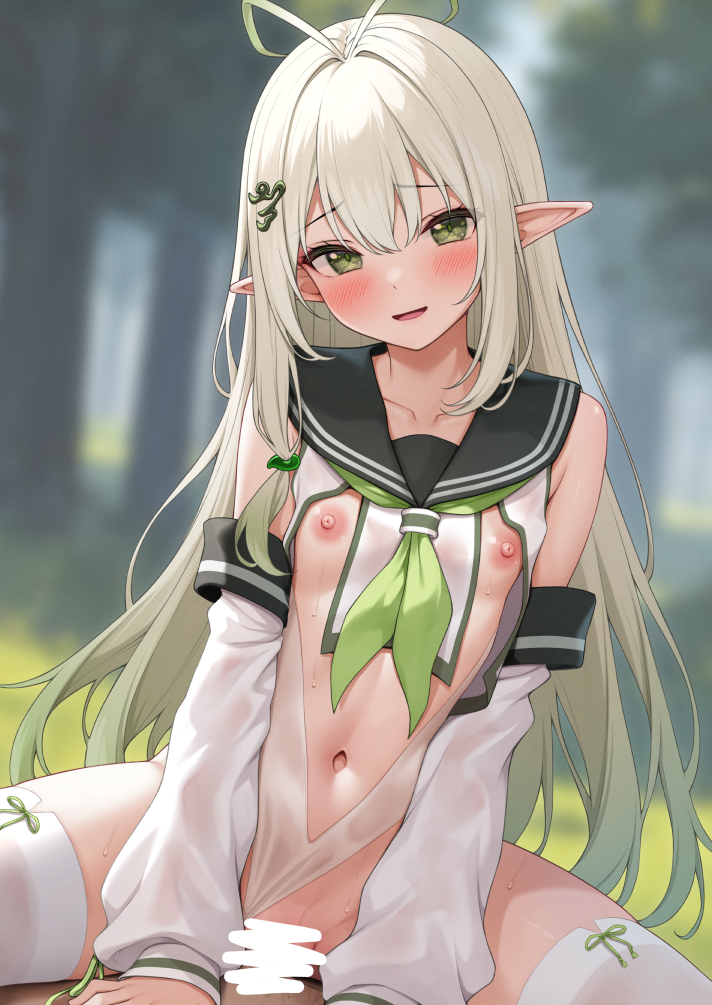 1boy antenna_hair blurry blurry_background blush breasts censored collarbone cowgirl_position cowgirl_position detached_sleeves female forest green_eyes hair_between_eyes hair_ornament karutamo long_hair looking_at_viewer nature navel nipples open_mouth original outdoors pointy_ears sex small_breasts smile solo_focus straddling straight sweat thighhighs thighs white_hair white_sleeves white_thighhighs