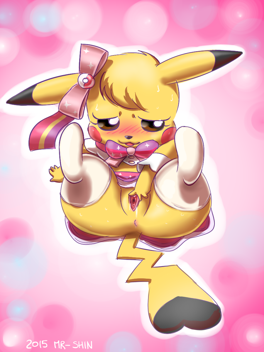 anus ass black_eyes color cosplay_pikachu dress female female_only feral front_view fur looking_at_viewer nintendo open_mouth pikachu pikachu_pop_star pokemon pussy shinsuke solo spread_legs spread_pussy yellow_fur