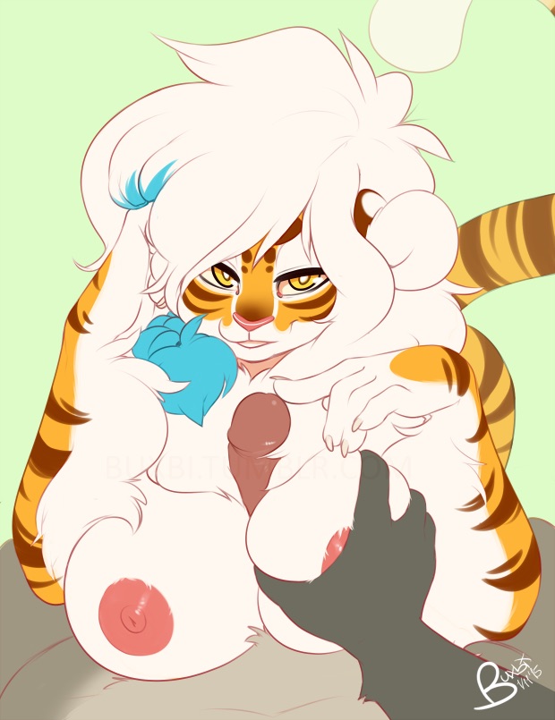 amber eyes, anthro, big breasts, breasts, buxbi, buxbi (character), feline, female, furry, hair, long hair, looking at viewer, male, mammal, nipples, original, original character, paizuri, penis, smile, straight, tiger