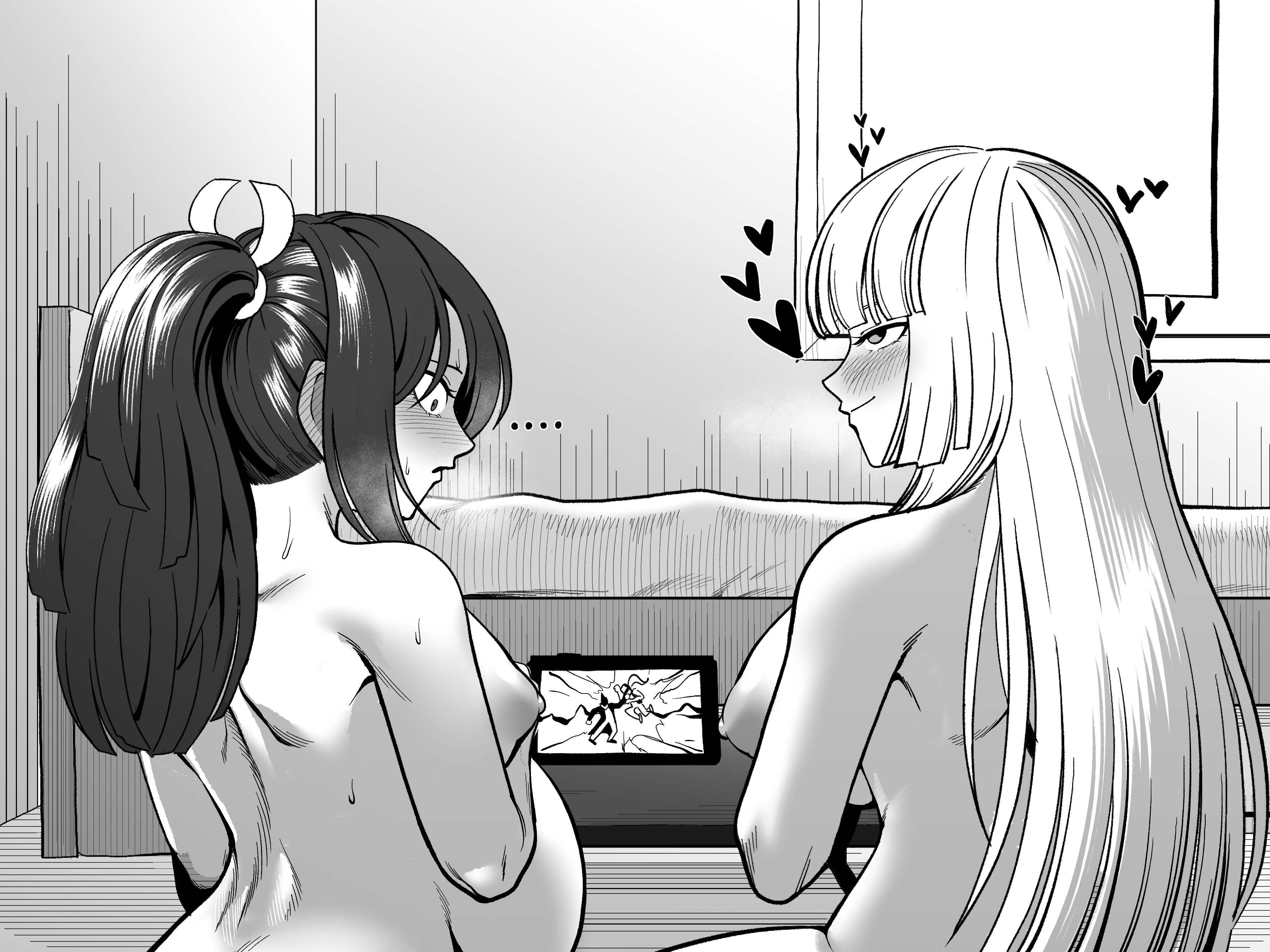 ..., 1futa, 1girls, bed, bedroom, belly, belly bulge, blush, breasts, capcom, clothed, completely nude, cumflated belly, cumflation, emilie de rochefort, fatal fury, female, futa on female, futanari, heart, huge breasts, intersex, king of fighters, long hair, looking back, mai shiranui, monochrome, nintendo, nintendo controller, nintendo switch, nipples, nude, nude female, queen's gate, sitting, snk, stomach bulge, sweat, tekken, tekken 8, tekkin papa, video games