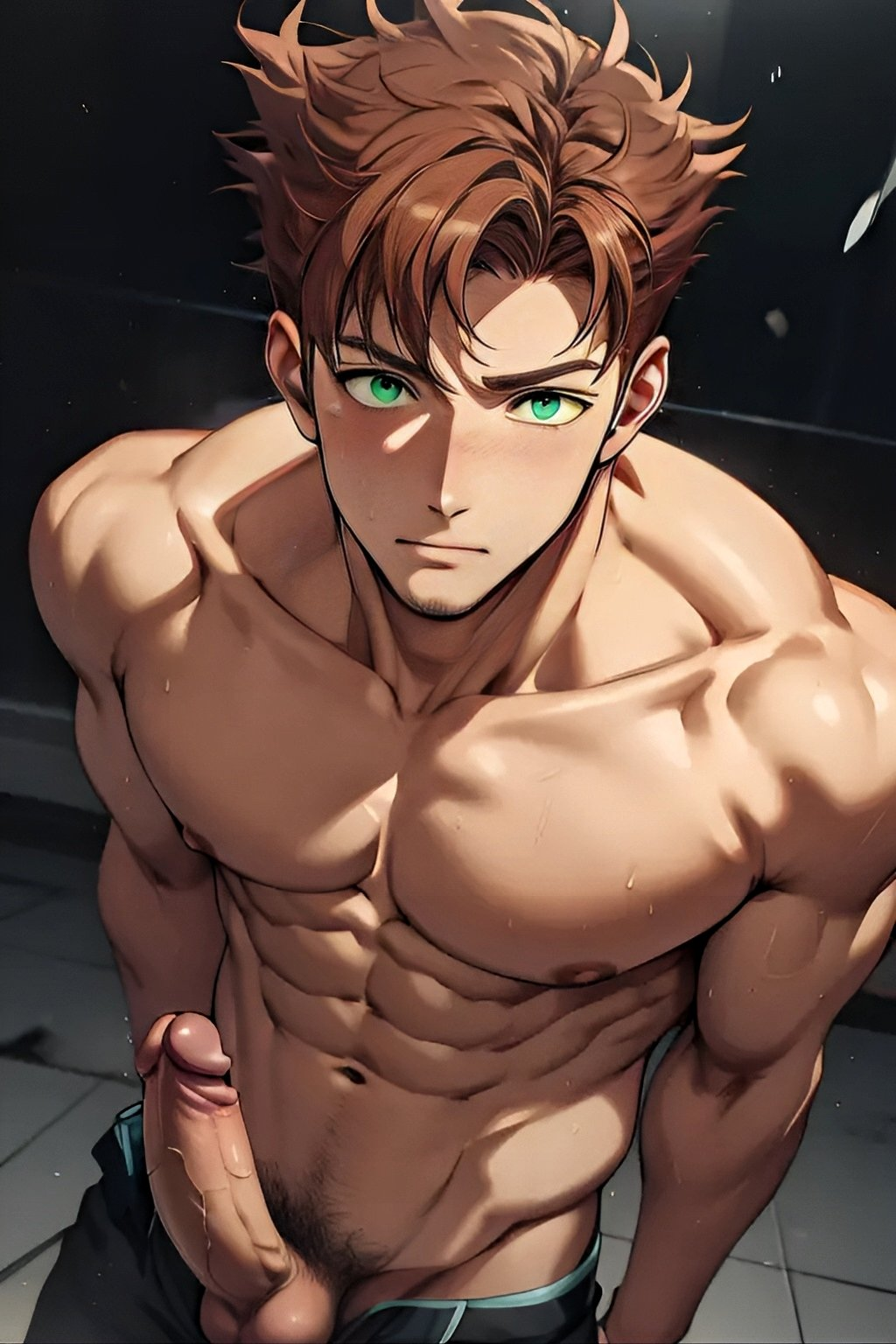 ai_generated brown_hair bucchigiri?! friends gay green_eyes horny horny_male male_only matakara_asamine muscled solo teenager thug wet yaoi