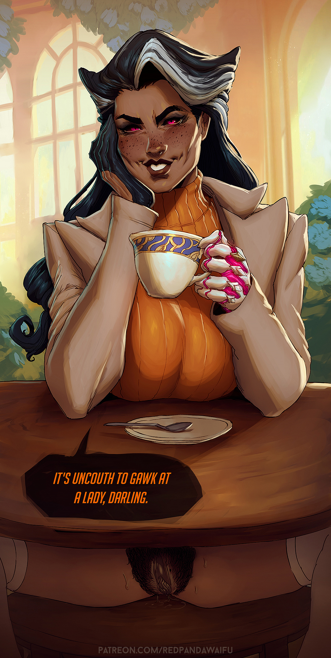 1girls big_breasts black_hair blush bodily_fluids breasts dark-skinned_female dark_skin english english_text female female_focus female_only female_pubic_hair huge_breasts large_breasts league_of_legends long_hair looking_at_viewer pink_eyes pubes pubic_hair pussy redpandawaifu renata_glasc riot_games smile spread_legs sweat sweatdrop sweating teeth text text_bubble vagina video_game_character video_games