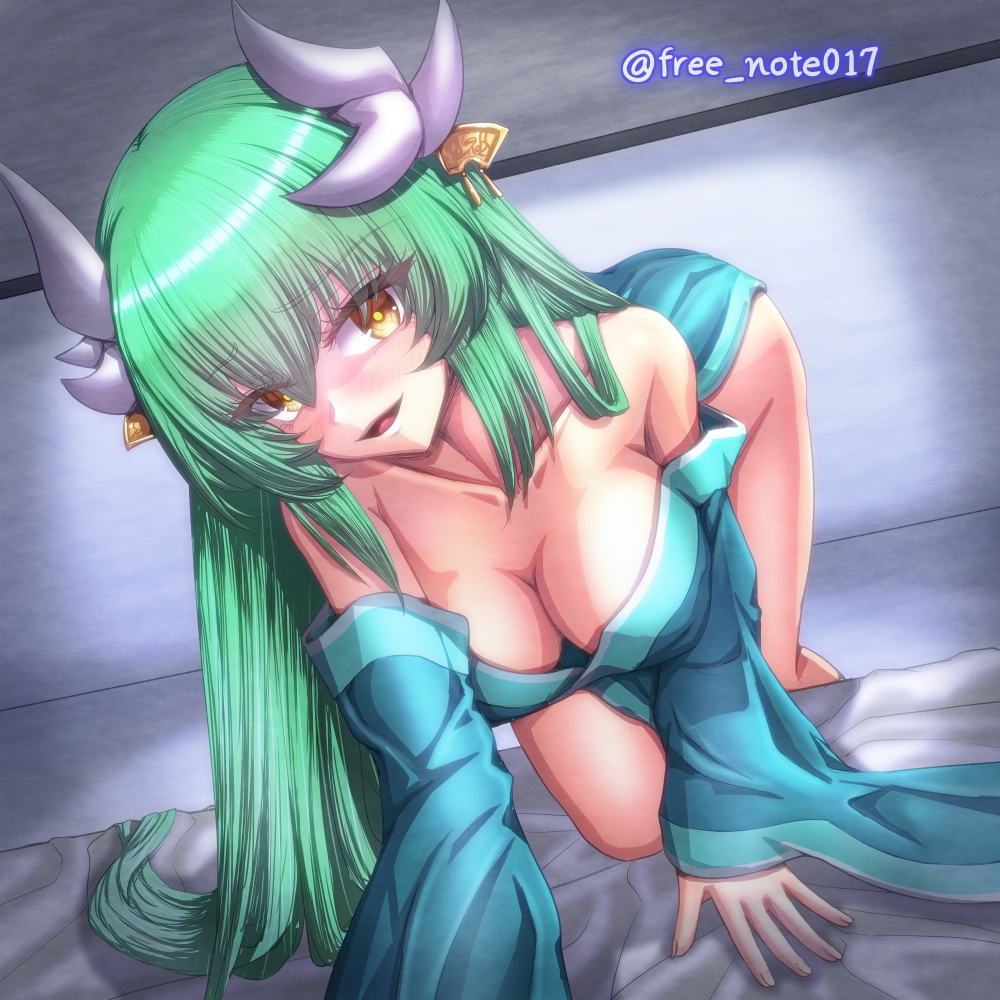 1girls barely_clothed blush breasts cleavage clothing dragon_girl dragon_horns fate/grand_order fate_(series) female female_only freenote022 green_hair half_naked horns in_love in_love_with_viewer kiyohime_(fate) kiyohime_(fate/grand_order) large_breasts long_hair looking_at_viewer seductive seductive_look seductive_pose seductive_smile smiling smiling_at_viewer solo_focus tagme tagme_(artist) watermark yellow_eyes