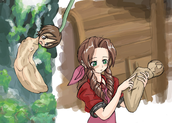 2girls aerith_gainsborough bangs blush branzent brown_eyes brown_hair drill_hair final_fantasy final_fantasy_vii food_transformation green_eyes hair_ornament mound_of_venus multiple_girls objectification payot plant plant_transformation small_breasts teardrop transformation twin_drills yuffie_kisaragi