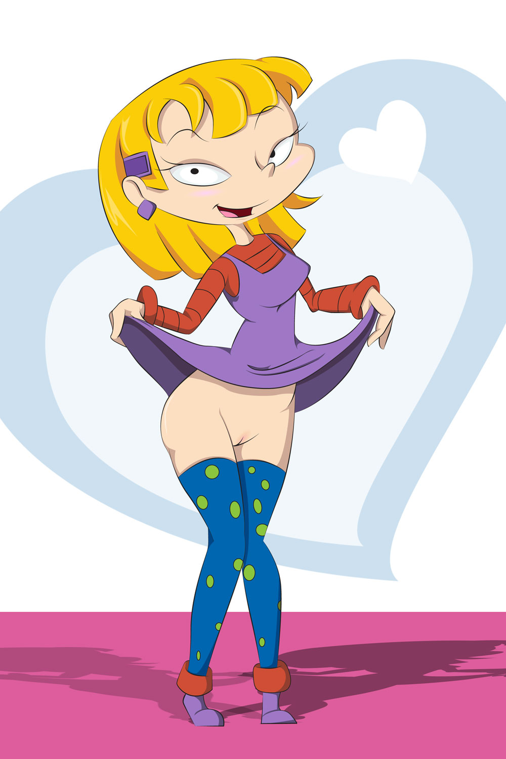 all_grown_up angelica_pickles black_eyes blonde_hair colored dress dress_lift female female_only heart human looking_at_viewer monkeycheese open_mouth pussy rugrats short_hair smile solo stocking tongue