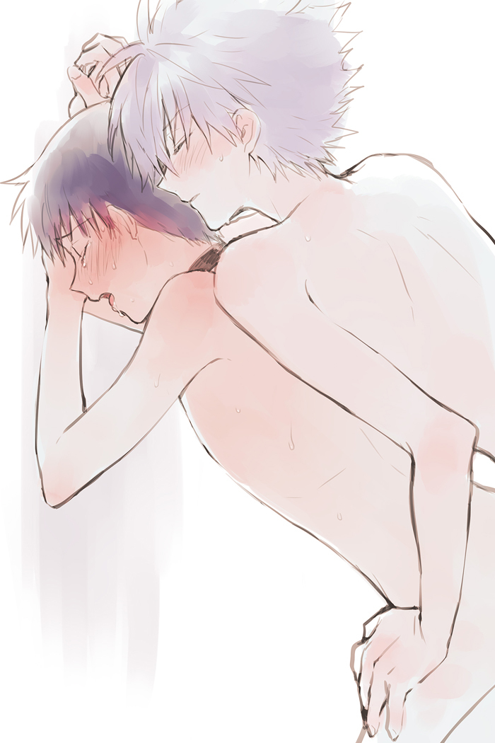 against_wall blank_background blush brown_hair collar crying crying_with_eyes_closed drool drooling eyes_closed gay grabbing_hand hand_on_leg hand_on_thigh kaworu_nagisa looking_pleasured mouth_open naked neon_genesis_evangelion nude shinji_ikari skinny sweat tagme white_background white_hair yaoi young