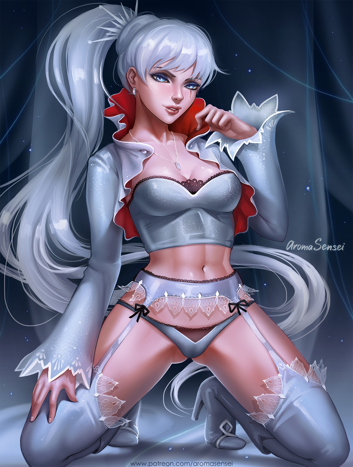 aroma sensei, boots, breasts, cleavage, female, female only, garter belt, looking at viewer, panties, rwby, solo, thighhighs, weiss schnee