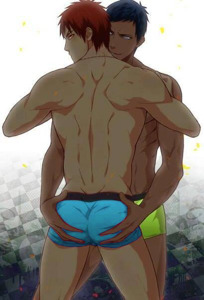 2boys, aomine daiki, ass, ass grab, back muscles, back view, bara, basket, blue hair, blue underwear, boxers, boxers (clothing), bubble ass, bubble butt, grab, grabbing another's ass, grabbing ass, green underwear, human, human only, kagami taiga, kuroko no basuke, light skin, light-skinned male, looking at partner, looking at viewer, looking back, male, male only, multiple males, muscles, red hair, toned, toned body, toned male, underwear, yaoi, zawar379