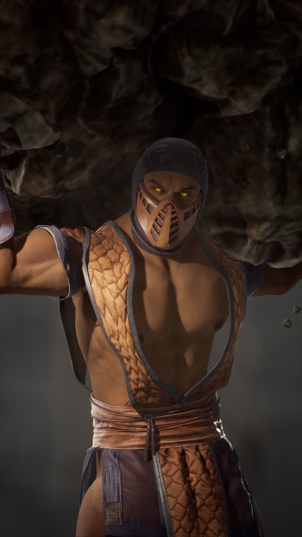 1boy 1human 1male 1man 3d 3d_(artwork) 3d_model abs glowing_eyes haviksluz male male_focus male_only mortal_kombat mortal_kombat_1_(2023) muscles muscular muscular_male netherrealm_studios ninja no_pants no_underwear pecs rock tremor_(mortal_kombat) yellow_eyes