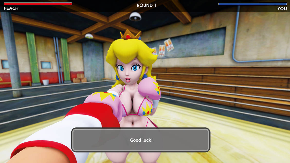 1female 1male 3d big_breasts bikini blonde_hair boxing boxing_gloves boxing_ring crown curvy curvy_female dialogue earrings female_focus fight fighting gameplay_mechanics light-skinned_female male_pov mario_(series) mixed_boxing mmd pink_bikini pink_boxing_gloves positive_message pov preparing princess princess_peach red_boxing_gloves swimsuit text thighs ultimabox