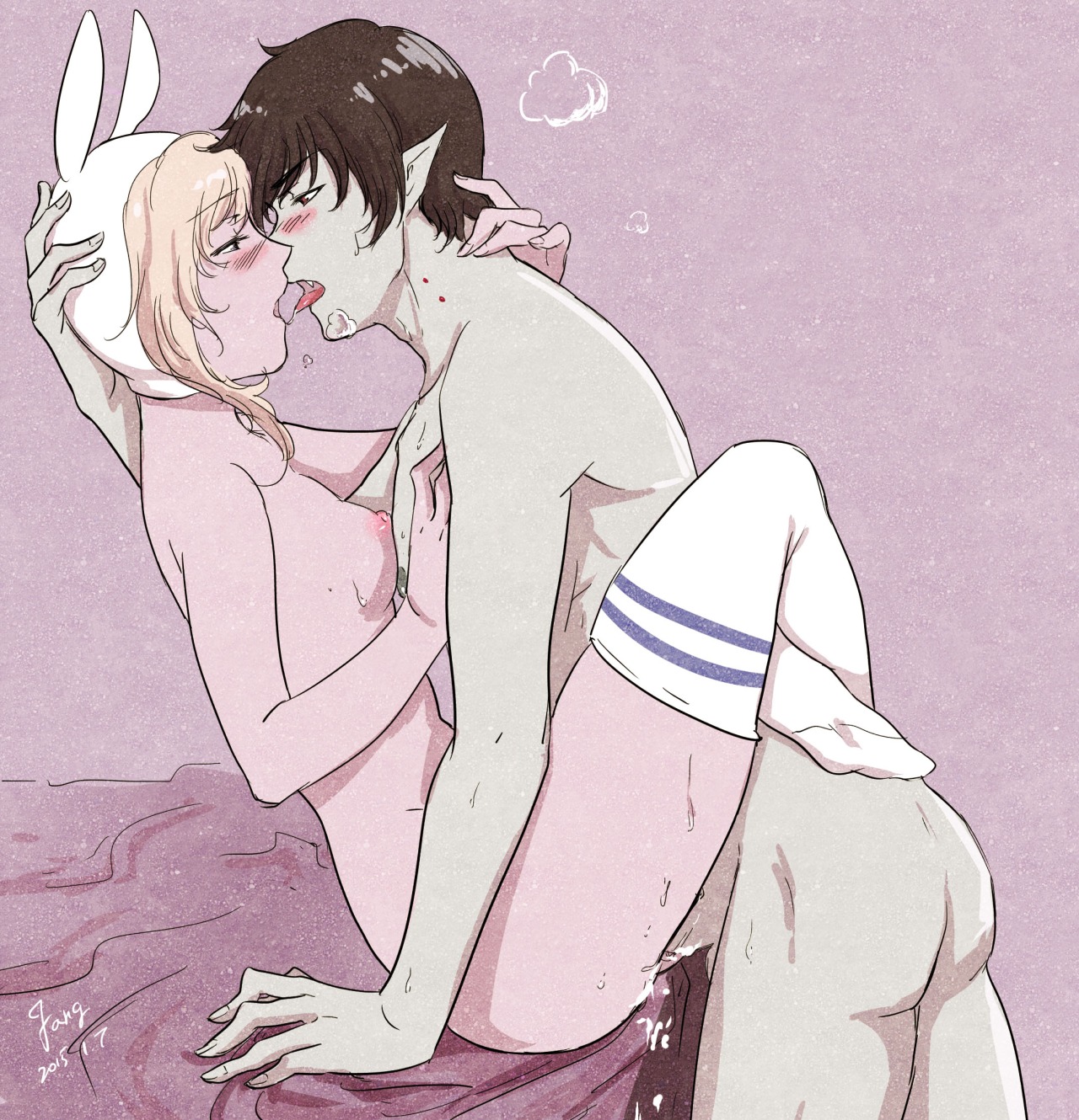 2015, adventure time, after kiss, animal ears, animal hood, ass, bed, bite mark, black hair, blonde hair, blood, blue eyes, blush, breasts, breath, bunny ears, cartoon network, cum, cum in pussy, cum inside, eye contact, fangcovenly, fangs, female, fionna the human girl, grey skin, hand on another's chest, hand on head, kissing, leg lock, male, marshall lee, navel, nipples, no shoes, nude, pointy ears, pussy, red eyes, saliva, saliva trail, short hair, sideboob, small breasts, standing, thighhighs, tongue, tongue out, vaginal penetration, vampire, white legwear