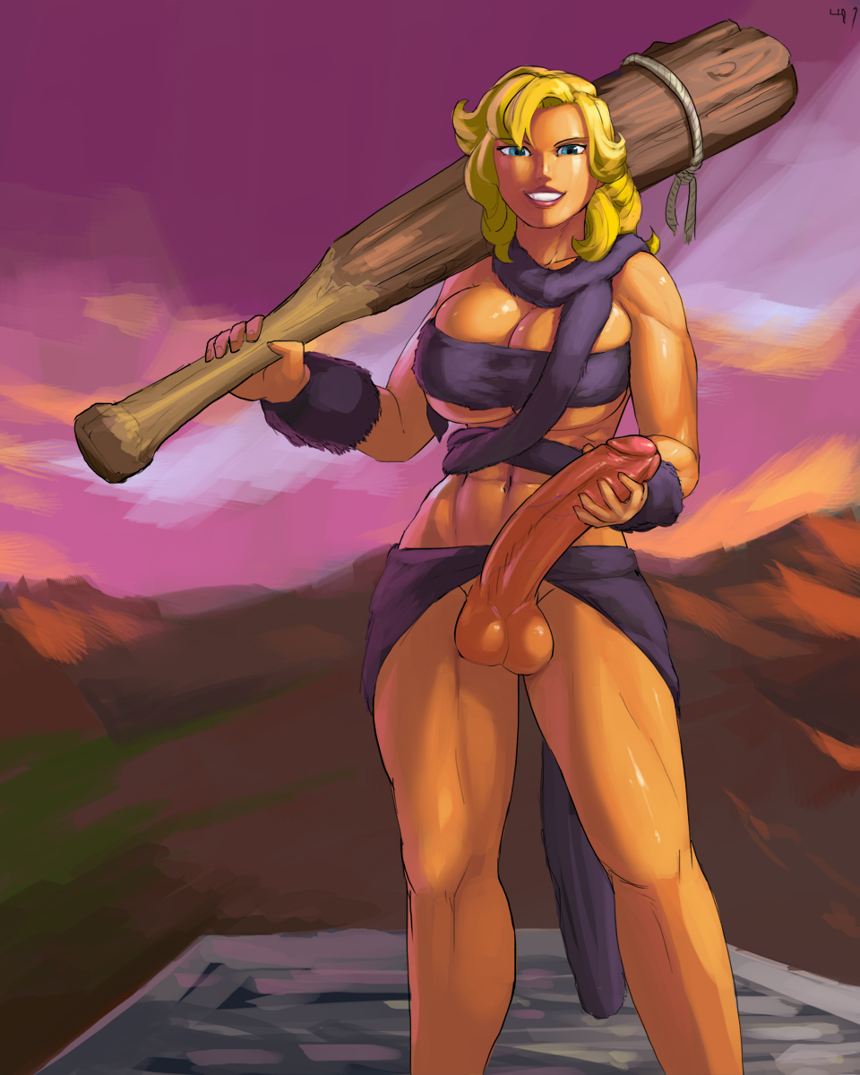 1futa, aka6, ayla (chrono trigger), balls, big breasts, big penis, blonde futa, blonde hair, blonde-haired futa, blue eyes, breasts, chrono (series), chrono trigger, club (weapon), erection, futa only, futanari, hair, holding penis, huge cock, intersex, large breasts, large penis, long hair, looking at viewer, outfit, penis, penis grasp, scarf, smile, smiling, solo, uncensored, weapon, wood, wristband