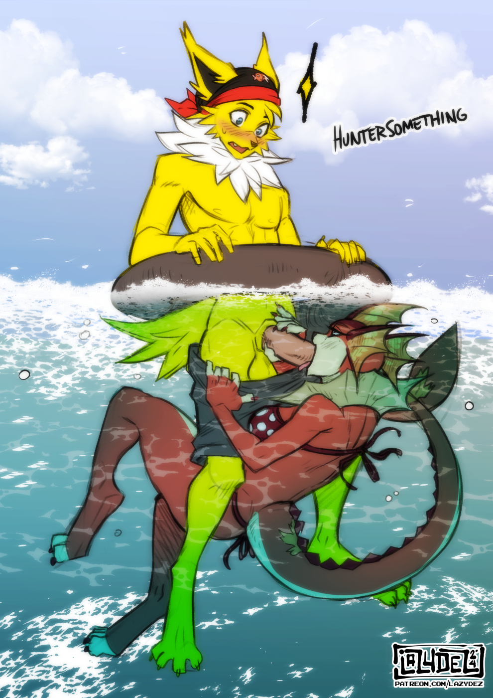 eeveelution fellatio female furry generation_1_pokemon hi_res huntersomething inflatable inner_tube jolteon lazydez male male/female nintendo oral penile pokemon pokemon_(species) public sex surprise underwater vaporeon water