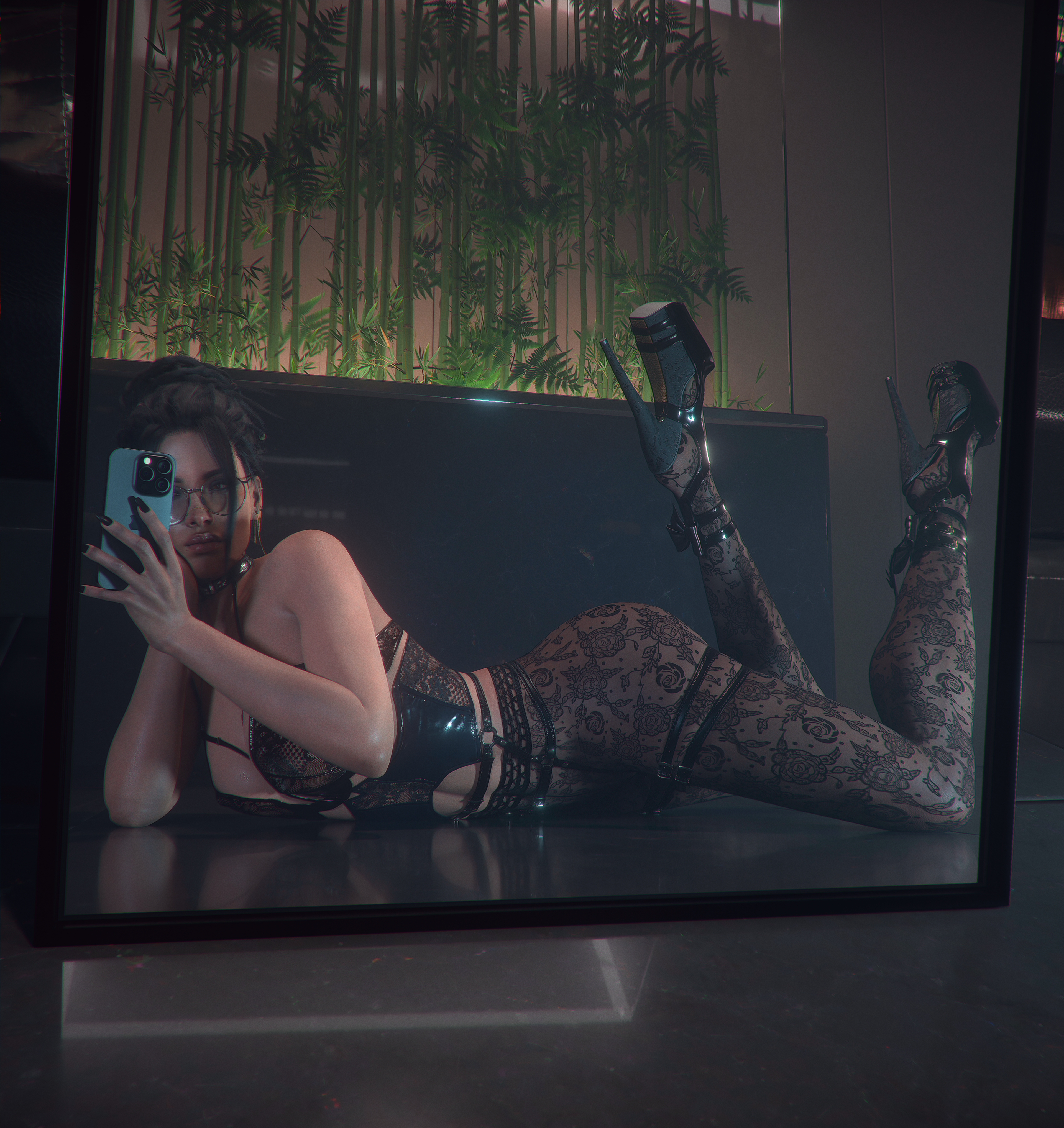 1girls, 3d, absurd res, absurdres, ass, cd projekt red, checkpik, cyberpunk (series), cyberpunk 2077, dark skin, dark-skinned female, female, female only, glasses, hi res, high heels, highres, iphone, lingerie, lying, lying on stomach, mirror, mirror selfie, nail polish, nails, panam palmer, pantyhose, phone, selfie, solo, solo female, taking picture