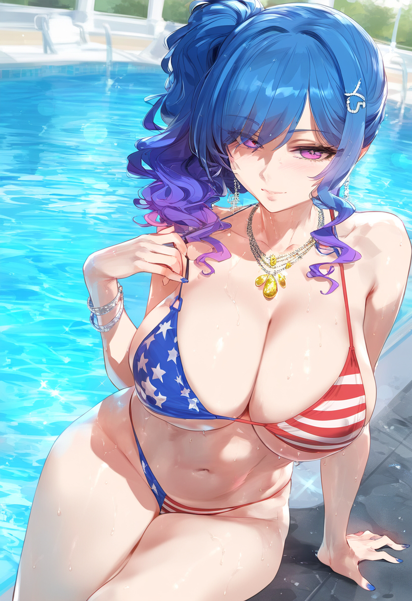 1girls, ai generated, american flag, american flag bikini, azur lane, big breasts, bikini, blue hair, breasts, clothed, female, female only, fsm, light skin, light-skinned female, looking at viewer, necklace, pink eyes, pool, solo female, st. louis (azur lane)