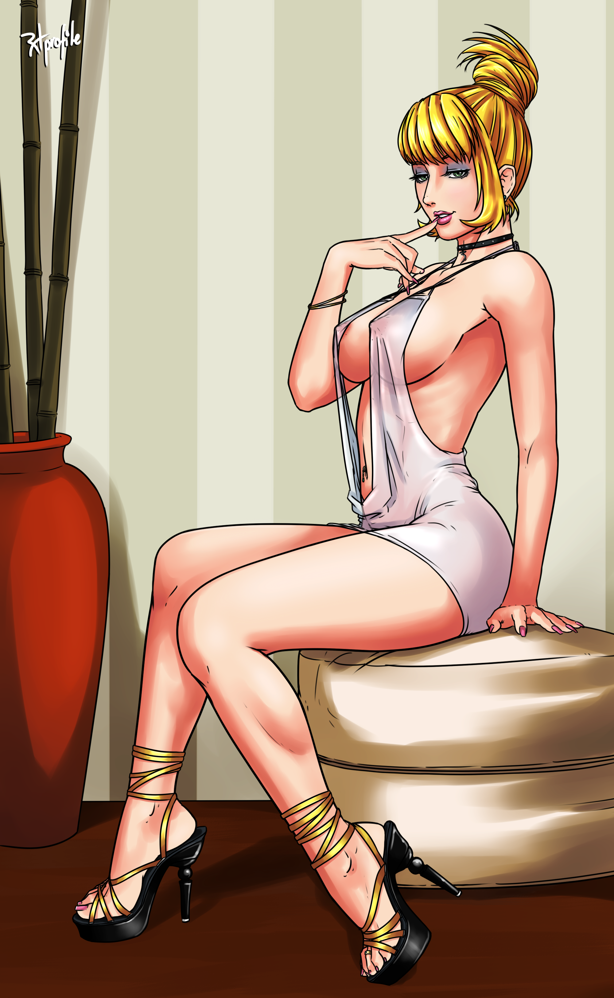 blonde hair, blue eyes, body piercing, bracelet, breasts, cleavage, clothes, dress, earrings, eyeshadow, female, golden (radprofile), hair bun, high heels, large breasts, navel, navel piercing, nipples, piercing, radprofile, see-through, sideboob, sitting, solo