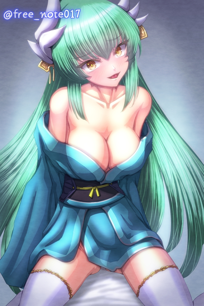 1girls barely_clothed blush breasts cleavage clothing dragon_girl dragon_horns fate/grand_order fate_(series) female female_focus freenote022 green_hair half_naked horns in_love in_love_with_viewer kiyohime_(fate) kiyohime_(fate/grand_order) large_breasts leggings long_hair looking_at_viewer male seductive seductive_look seductive_smile smiling smiling_at_viewer solo_focus tagme tagme_(artist) watermark white_legwear yellow_eyes