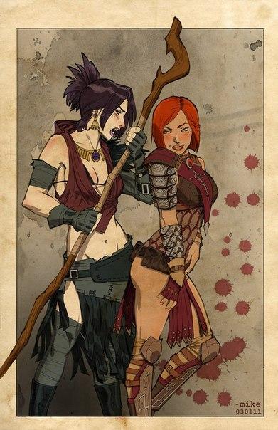 2011, 2d, 2girls, black hair, dragon age, dragon age inquisition, dragon age origins, female, female only, leliana, mikedimayuga, morrigan (dragon age), multiple females, multiple girls, red hair, tagme