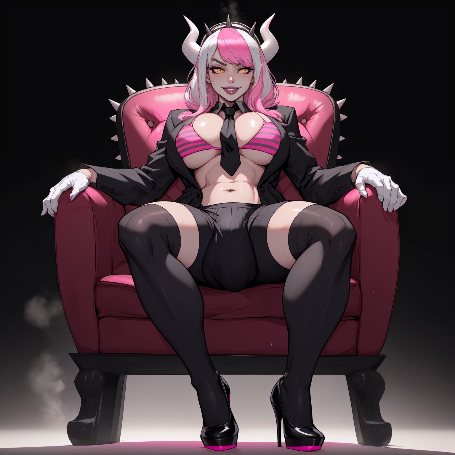 ai generated, bikini top, bulge through clothing, futanari, high heels, horns, intersex, open shirt, pink hair, shennru, sitting, tagme, thigh boots, tie, two-tone hair, white gloves, white hair, yellow eyes