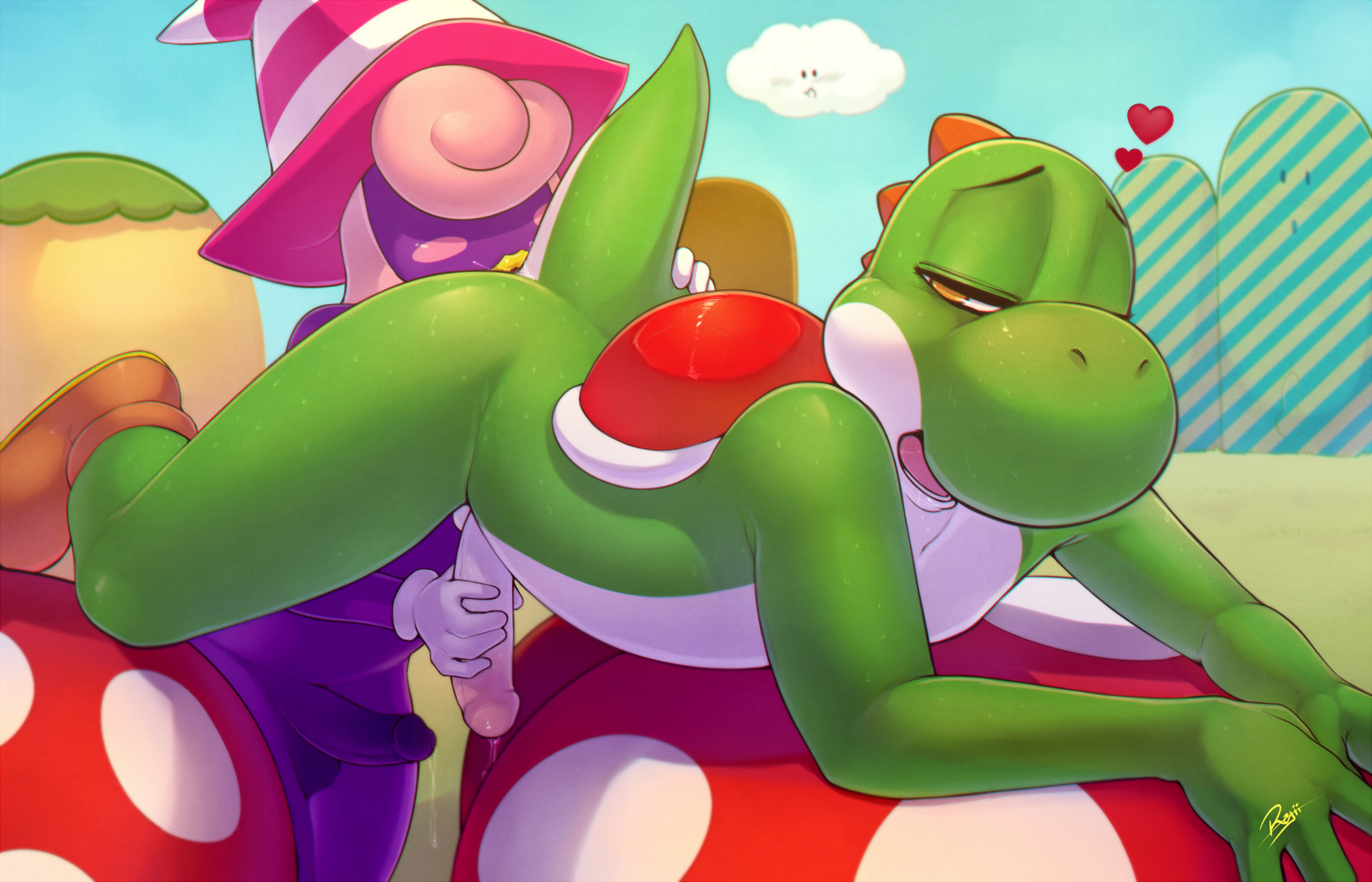 <3, 2boys, anthro, ass, bald, balls, big nose, blush, cum, erection, from behind, gay, ghost, handjob, hat, hi res, looking back, male, mario (series), mushroom, nintendo, nude, orgasm, paper mario, paper mario: the thousand-year door, penis, rajii, rimming, rule 63, sweat, vivian (paper mario), yoshi